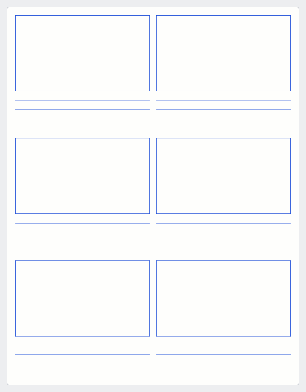 A sheet of storyboard paper: storyboard · 6 frames · 16:9.